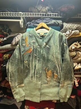 Vintage Artisans Women’s Nature Wildlife AOP Cardigan Sweater Size Medium